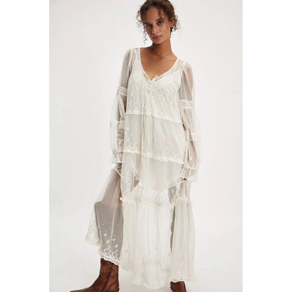Free People Stevie Sheer Lace Maxi Dress LARGE Ivory Boho Embroidered